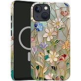 TnXee Case Compatible with iPhone 15,Compatible with MagSafe,Glossy Fall Prevention Hybrid 2-Layer Hard Shell Cases for Girls Boys,Stained Glass Bloom Flower