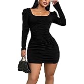 Women's Long Sleeve Bodycon Dress - Slim Fit Stretchy Mini Dress for Fall and Winter Square Neck