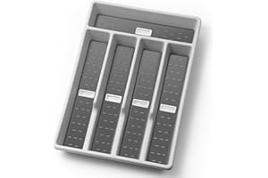 CherHome Silverware Organizer with Cutlery Icons，Silverware Tray for Kitchen Drawer，Plastic Flatware Tableware Silverware Drawer Organizer Utensil Organizer with Non-slip TPR Linings，5-Compartment