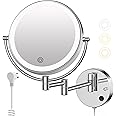 Wall Mounted Makeup Mirror with Lights, Magnifying Mirror 10X/1X Double-Sided, Plug-In Vanity Mirror with 3 Color Lights & Brightness Dimmable, 360°Swivel Extendable Mirror for Grooming & Shaving
