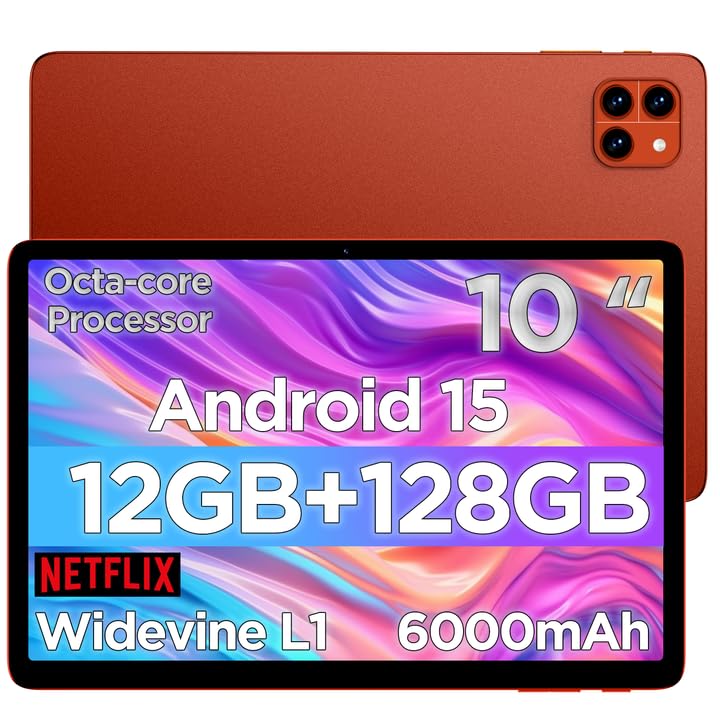 Android 15 Tablet,10 Inch Tablet,12GB RAM+128GB ROM(Up to 2 TB),1280x800 IPS FHD Touchscreen,6000mAh,Android Tablets,Octa-Core,WiFi 6 & Bluetooth 5.4,5MP+8MP Camera,Lucky Orange