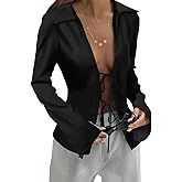Womens Tie Front Satin Silk Blouse Sexy Deep V Neck Long Sleeve Open Front Club Tops Y2k Going Out Shirts