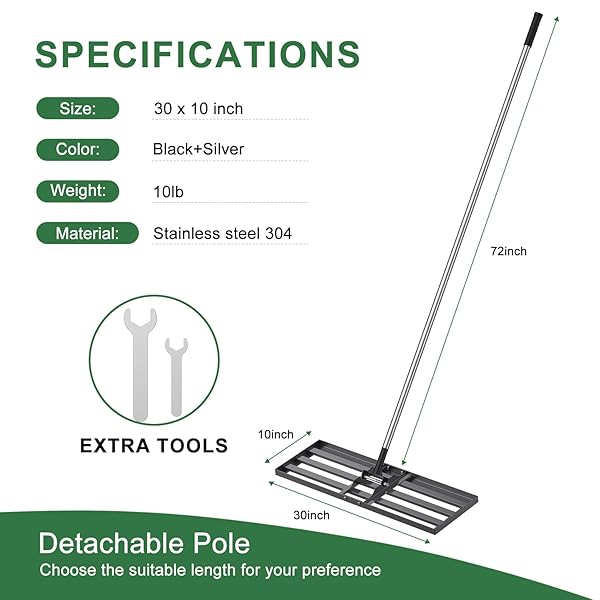 30X10 INCH LAWN LEVELING RAKE, YUMATUM 72″ EFFORT SAVING LAWN LEVELER TOOL, STAINLESS STEEL HANDLE LAWN LEVELER FOR GOLF COURSE YARD PASTURE GARDEN, PROFESSIONAL LAWN CARE LANDSCAPE RAKE