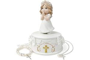 WANCHIY First Communion Gifts for Girls - 1st Holy Communion Girl Figurine with Keepsake Box & Pearl Bracelet, Religious Comm