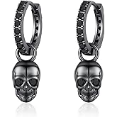KiiKii Halloween Earrings 925 Sterling Silver Black Abalone Cross/Skull/Raven Dangle Hoop Earrings Gothic Jewelry Gifts for Men Women