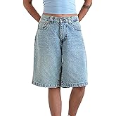 TUWIXIUW Knee Length Baggy Jorts Women Straight Leg Denim Bermuda Shorts Low Rise Jean Shorts with Pockets