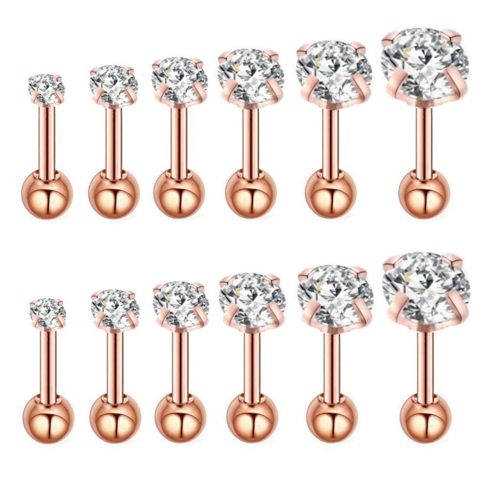 18g Ear Cartilage Helix Surgical Stainless Steel Cubic Zirconia Studs Cartilage Earrings Huggie Screw Backs Ear Tragus Auricle Piercing Jewelry Set 3mm-8mm (Rose Gold)
