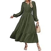 ZAFUL Womens Fall Maxi Dresses 2025 Puff Long Sleeve V Neck High Waist A Line Long Flowy Tiered Wedding Guest Dress Pockets