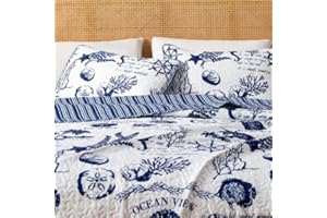 GREAT BAY HOME Navy Coastal Quilt Bedding Set, Summer Coastal Quilt with Shams, Beach 3-Piece Reversible All Season Bedspread Quilt Set. Lightweight Nautical Quilted Coverlet. Catalina Collection, Navy