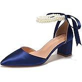 Elivandon J1585 Women's Satin Pointed Toe Mid-Heel Evening Sandals 2.36 inches Block Heel Bridal Party Wedding Pumps with Double Pearl Strap