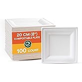 ECO SOUL 8 Inch Compostable Disposable Paper Plates [100 Pack] Food Safe 100% Virgin Bagasse Pulp Heavy Duty Biodegradable Microwave Safe Large Square Dinner Plate for Party, Picnic & BBQ (White)