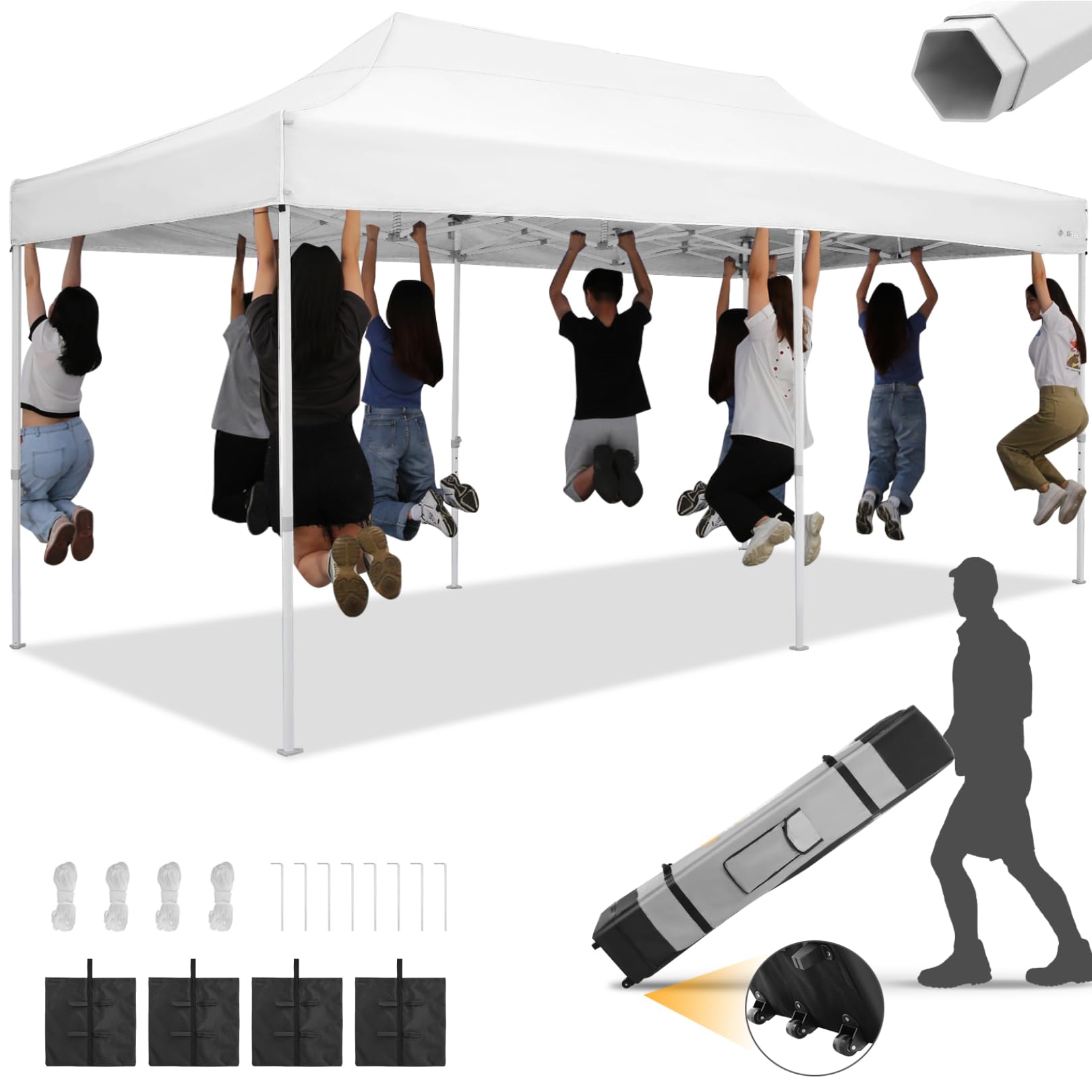 Photo 1 of [Missing Canvas] HOTEEL 10x20 Heavy Duty Pop Up Canopy Tent for Parties Event Wedding Commercial Instant Canopy with Roller Bag, Party Tent Waterproof UV 50+&Windproof, Upgraded Thick Hexagonal Legs, White