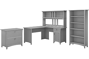 BUSH BUSINESS FURNITURE Bush Furniture Salinas 60W L Shaped Desk with Hutch, Lateral File Cabinet and 5 Shelf Bookcase in Cape Cod Gray