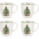 Spode Christmas Tree Cafe Mug (Set of 4) - 14 Oz Ceramic Holiday Coffee Mugs for Tea, Hot Chocolate, Lattes - Festive Design with Santa and Christmas Tree Motif - Microwave & Dishwasher Safe