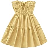 MakeMeChic Women's Strapless Tube Dress Tie Front Ruffle Shirred A Line Mini Dresses