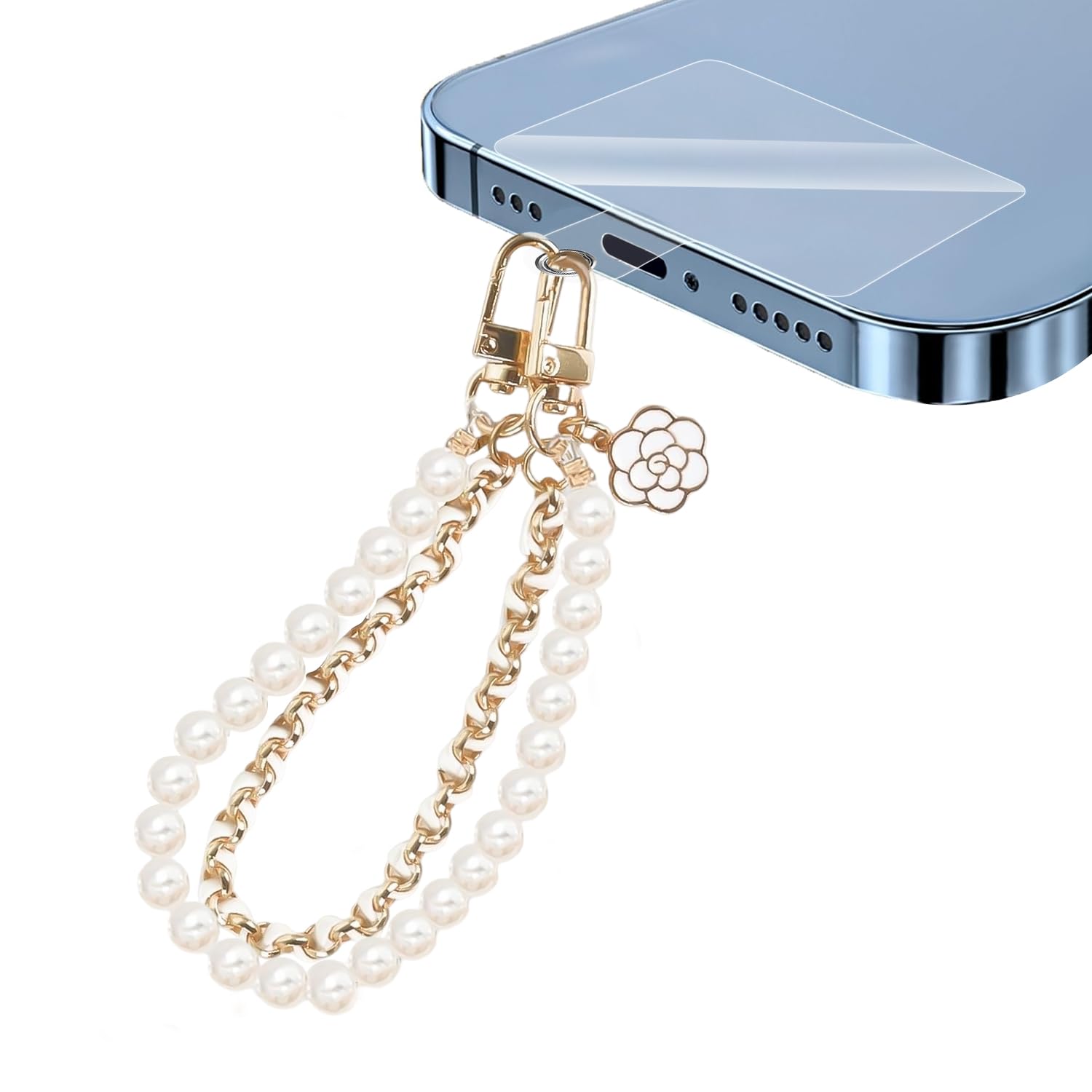 Pearl Phone Charm Wrist Strap Beads Chain With 1pcs Back Patch Charm Strap Fashion Mobile Charms For All Mobile Phone Models (White)