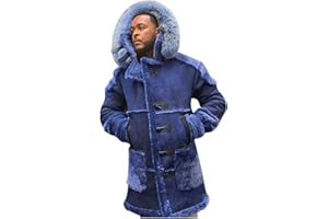 Dgoopd Long Leather Winter Coats for Men Thicken Flannel Lined Coat Lapel Faux Fur Coat Cold Winter Outerwear with Hoodie