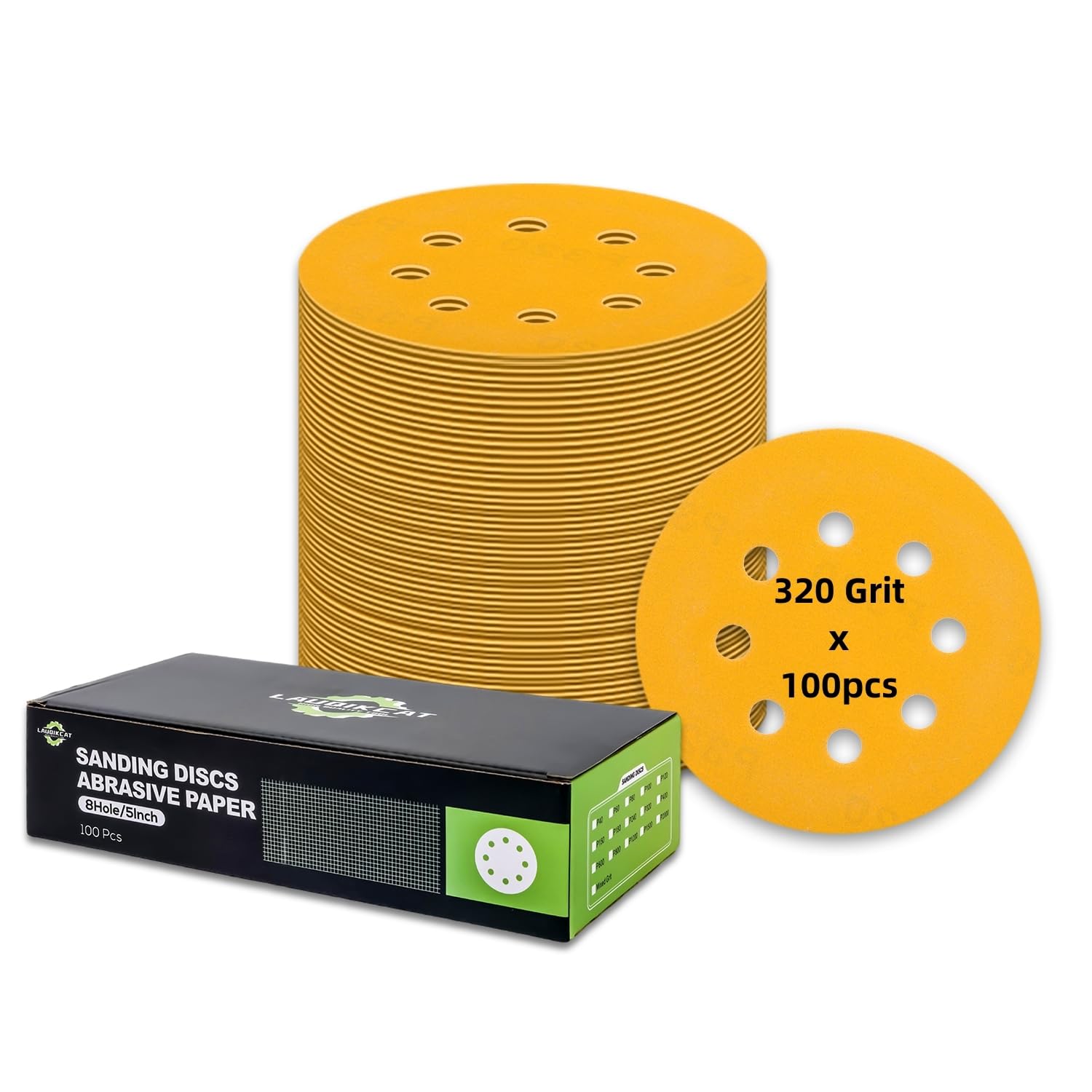 100 pcs Sanding Discs - 5 inch/125 mm, 8 Holes, Hook and Loop Sanding Pads for Random Orbital Sanders,Yellow-320 Grit — image 1