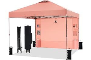 Tunbne 10'x10' Pop Up Canopy Tent with Sidewall and 6 Pockets, Patented One Push, 1 Person Easy Set up, Canopy with Vented Roof for Patio Beach Outdoor, Case, 8 Stakes, 4 Ropes, 4 Sandbags (Ocher)