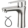 Heyalan Bathroom Faucet Single Handle 1 Hole SUS304 Stainless Steel Deck Mount Lavatory Single Switch Basin Sink Faucet Without Pop Up Drain and Cold Water Only Brushed Nickle