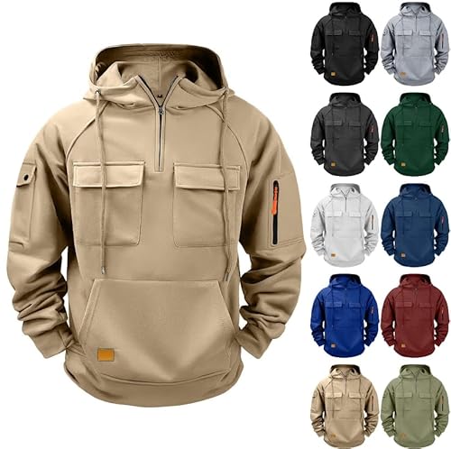 Hoodies for Men UK 1/4 Zip Sweatshirt Micro Fleece Lined Hoody Pullover Tops with chest Pockets Plain Long Sleeve Hooded Workwear Warm Thermal Tactical Sweatshirts Quarter Zip Outdoor Sportswear