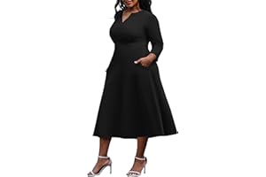 Nmoder Women's Plus Size Stretchy Flared Wrap Dress Casuel Wedding Guest Work Midi Dresses V Neck 3/4 Sleeve A-Line Dress