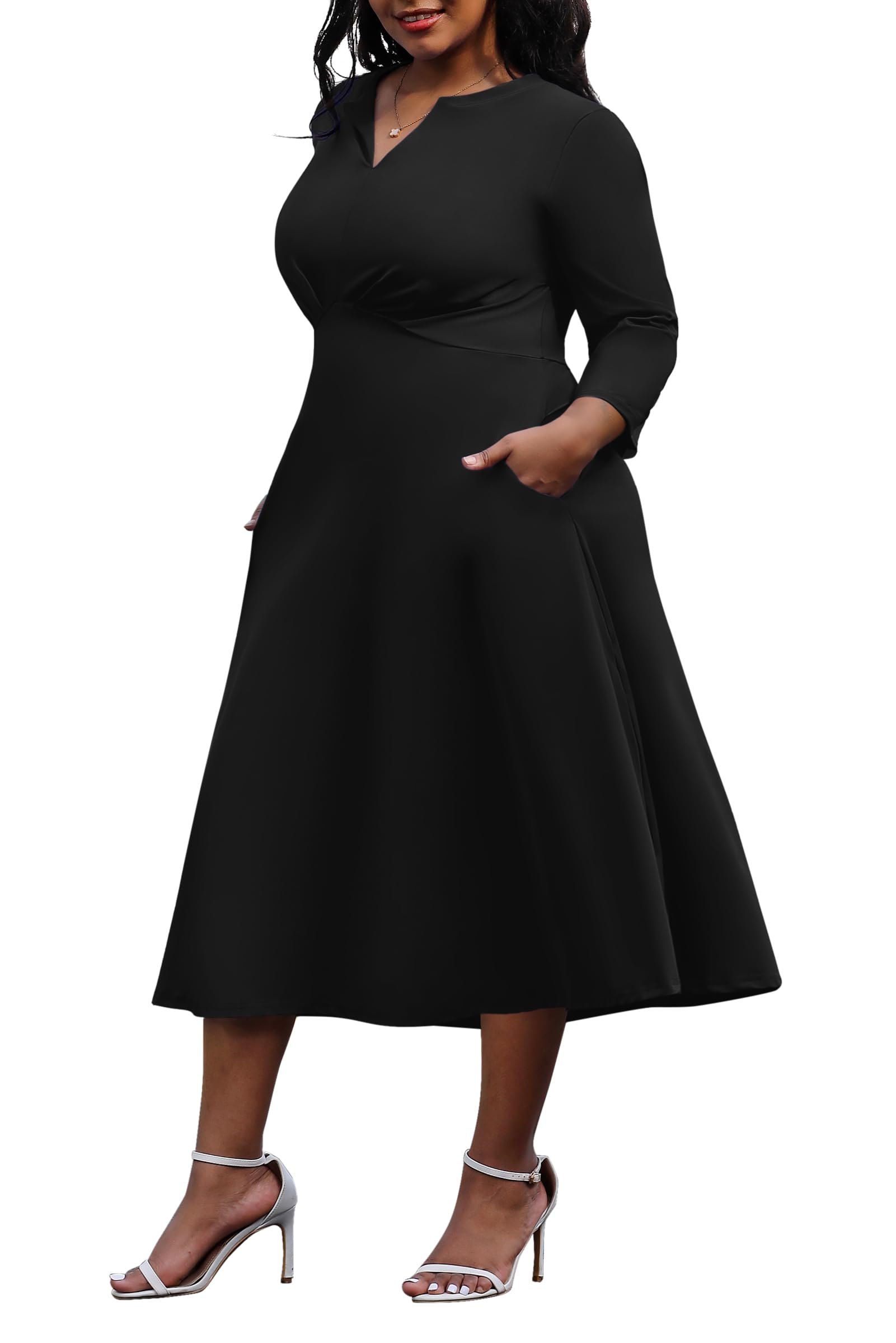 Photo 1 of ***SIZE 2XL***Nmoder Women's Plus Size Stretchy Flared Wrap Dress Casual Wedding Guest Cocktail Work Midi Dresses V Neck 3/4 Sleeve A-Line Swing Black 2XL