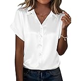 Zeagoo Silk Blouse for Women Short Sleeve Satin Button Down Shirts Casual Loose V-Neck Business Work Tunic Top