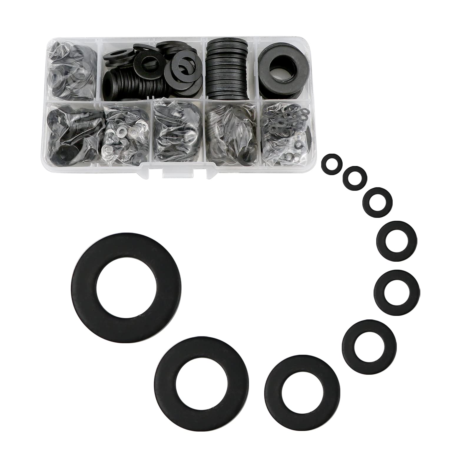 Metal Flat Washer, 600 Pcs Black Carbon Steel Washers Assorted Set, Round Washer Kit (M2/M2.5/M3/M4/M5/M6/M8/M10/M12/mm) 9 Types Of Washers For Bolts And Screws (Black)