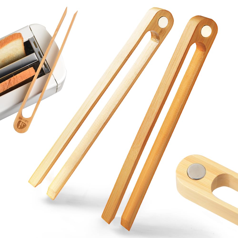 Magnetic Bamboo Toaster Tongs: 100% Natural 8.7” Wood Kitchen Toast Tongs| Eco-Friendly, Space Saving Modern Kitchen Accessory for Home Restaurant | Set of 2