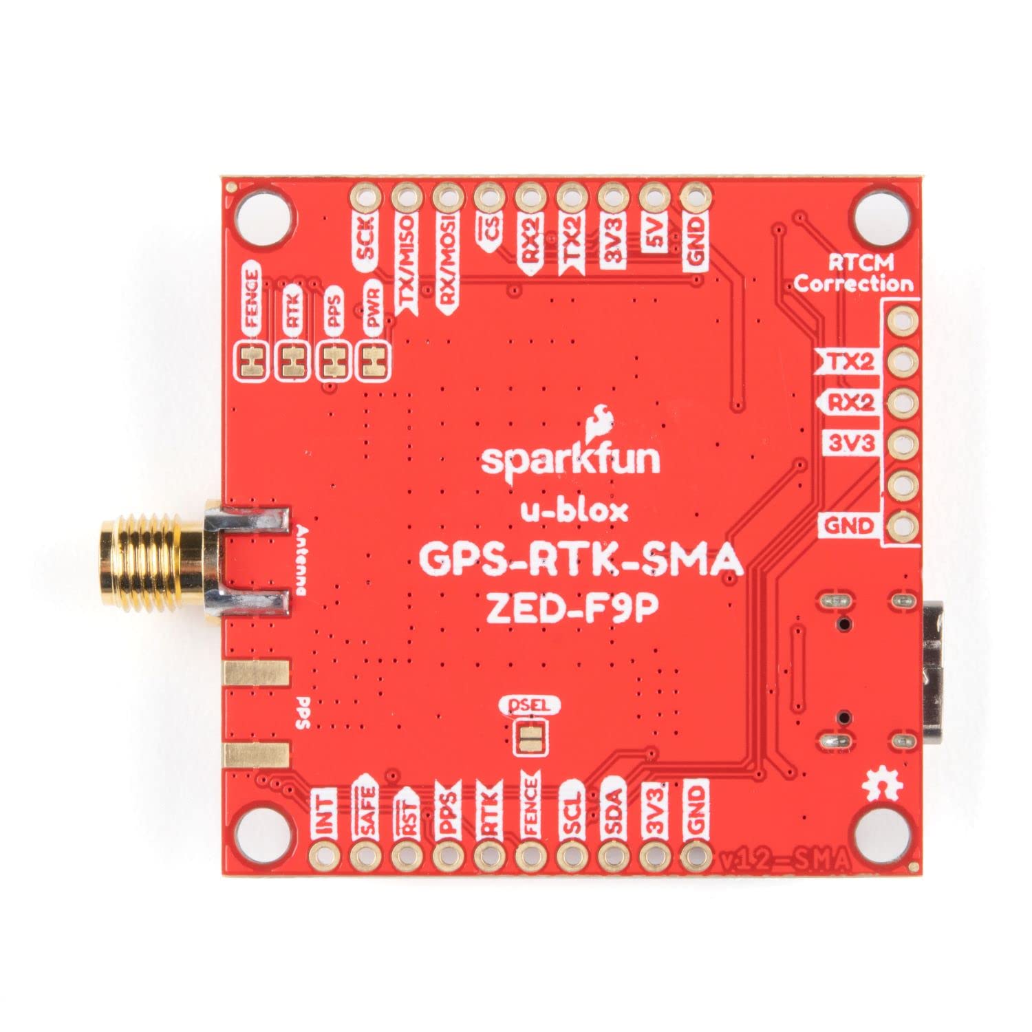 SparkFun GPS-RTK-SMA Breakout-ZED-F9P (Qwiic)-Concurrent reception of GPS GLONASS Galileo BeiDou High precision GPS 10mm 3 dimensional accuracy Receives L1C/A & L2C bands Voltage:5V or 3.3V Logic:3.3V