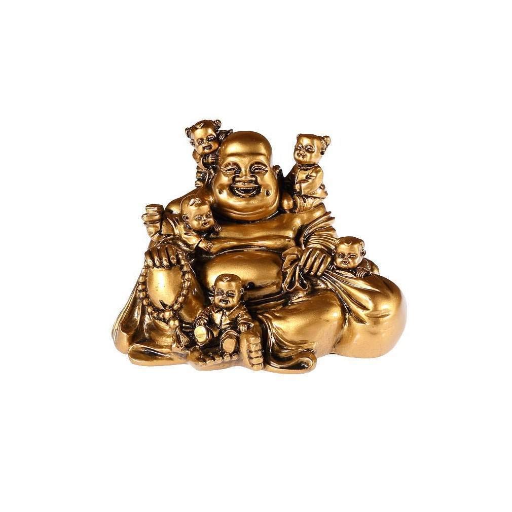 lachineuse - Laughing Buddha with 5 Children - Buddha Statue 14 cm Gold Colour - Feng Shui Decoration - Chinese Zen Decorative Object for Interior, Living Room - Chinese Lucky Charm Gift Idea