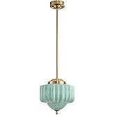 Schoolhouse Pendant Light, 12" Brass Gold Schoolhouse Ceiling Light Fixture with Mint Green Milk Glass Shade, Adjustable Heig