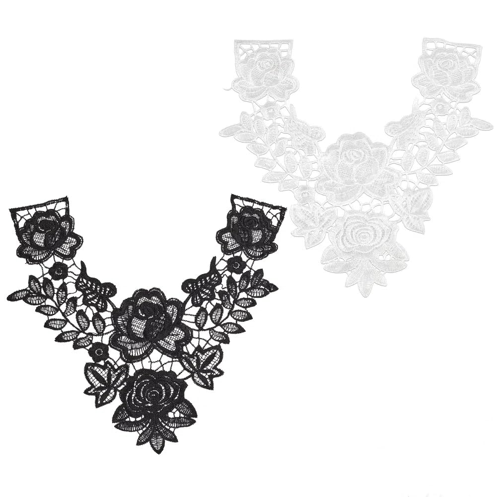 AHANDMAKER 2Pcs Vintage Floral Lace Neckline Collar Patches, Black & White Rose Lace Applique Patches, Embroidery Applique for Sewing Crafts Wedding Dress Clothes Accessory