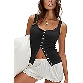 Outfeel Women Ribbed Tank Tops Sleeveless Button Down Camisole Summer Scoop Neck Cropped Top