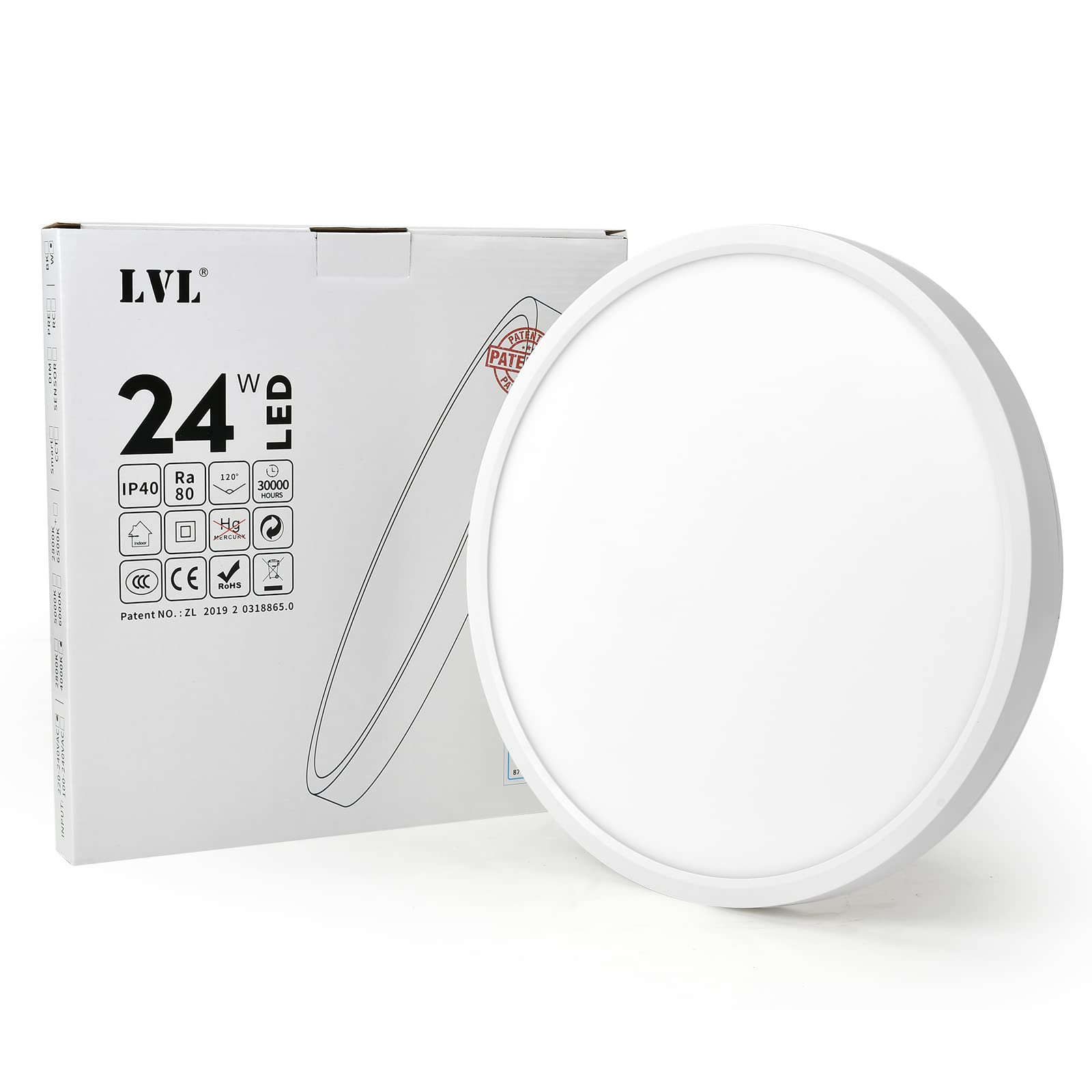 LVL LED Round Ceiling Light, 24W 30cm, CCT 3 Lighting Colors, Modern Flush Ceiling Lights for Hallway, Corridor, Kitchen, Bedroom, Utility Room, Office (White, Φ30cm-24W)