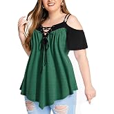 ROSE GAL Rosegal Women Plus Size Cold Shoulder Tee Lace-up Asymmetric Marled Short Sleeves Tee Open Shoulder Tunic Top
