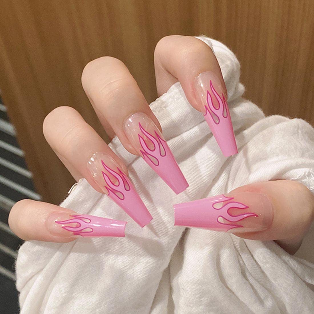 SINLOV 24pcs Coffin Fake Nails Glossy Press on False Nails Long Ballerina Artificial Finger Nail Tips Full Cover False Nails for Women and Girls (Pink)…