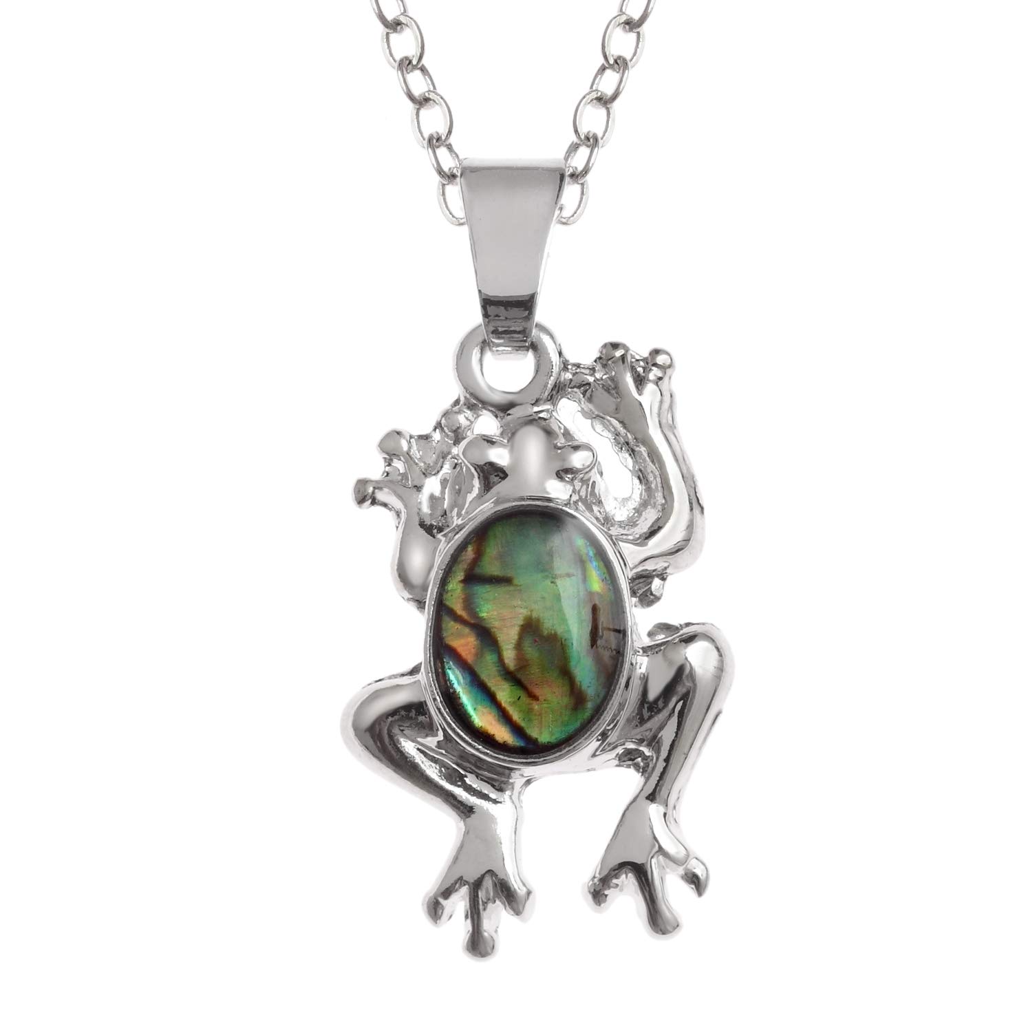Kiara Jewellery Frog Pendant Necklace Inlaid With Natural greenish Paua Abalone Shell on 18" Trace Chain. Non Tarnish Silver Colour Rhodium plated.