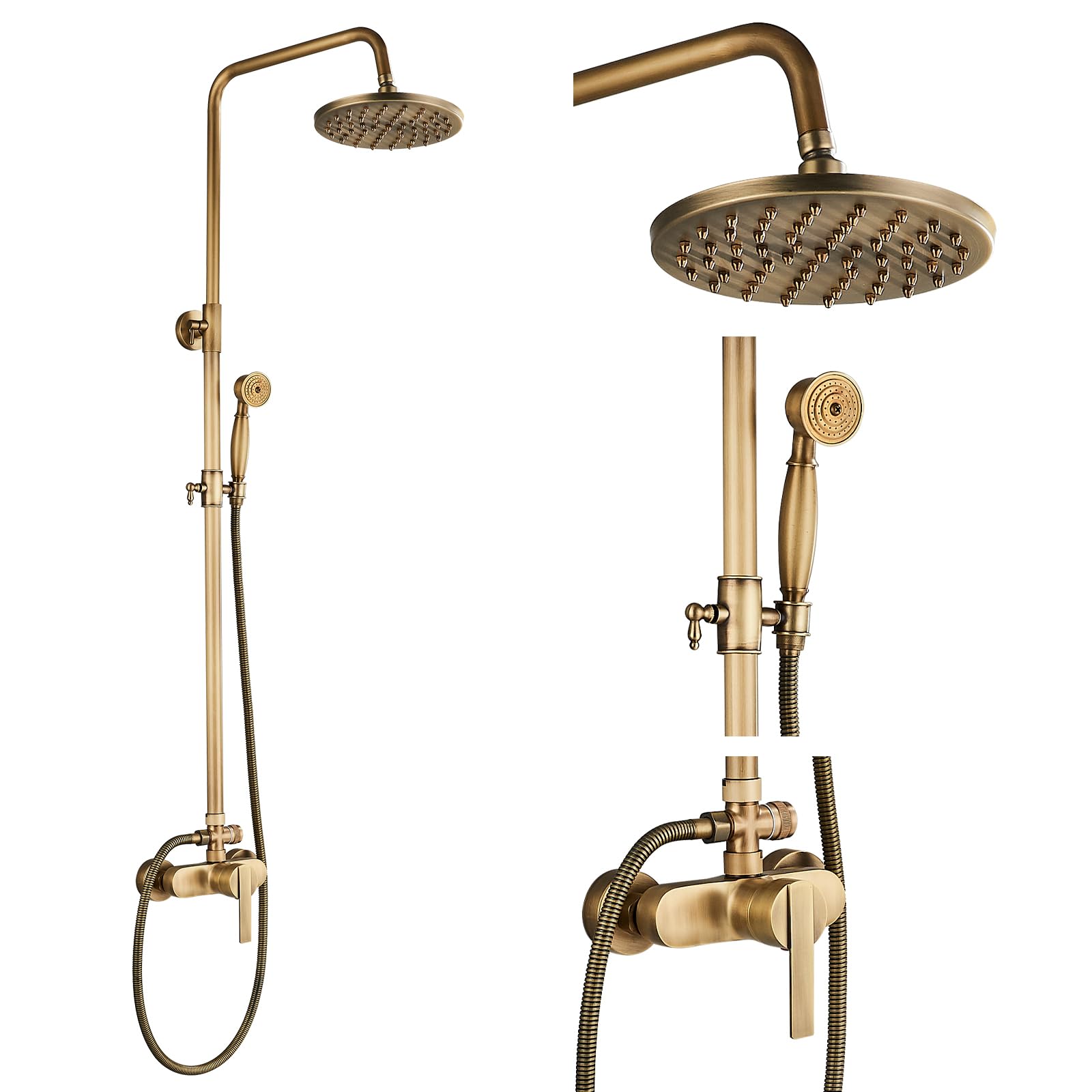 Rozin Antique Brass Shower System with 8 Inch Rain Shower Head and Hand Shower Single Handle Ready Wall Mounted Retro Shower Set