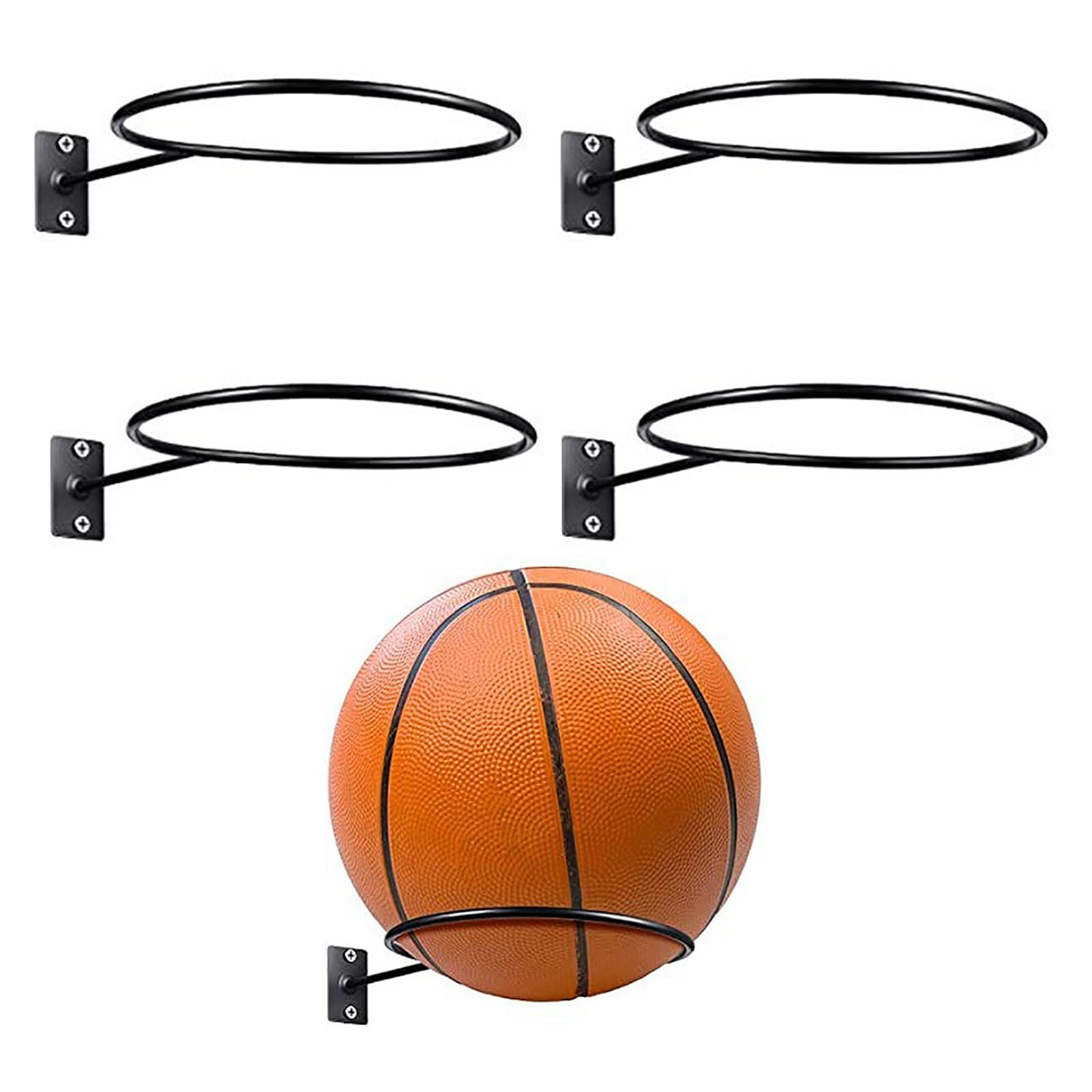 Omevett 4pcs Football Wall Mount, Ball Storage Rack Metal Ball Holders for Wall with Screws for Basketball Rugby Volleyball Football Display (Black)