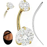 hooppoo Sparkling Moissanite Belly Button Ring, 14G G23 Surgical Grade Titanium with 14K Gold Plated | Internally Threaded & Hypoallergenic for Sensitive Skin | Unisex Body Jewelry