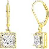 Dangle Earrings 18K Yellow Gold Plated Princess Halo Square Cut Clear Cubic Zirconia Drop Earrings for Women Hypoallergenic