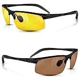 BLUPOND Set of 2 HD Day and Night Driving Glasses - Polarized Sunglasses and Yellow Night Vision Glasses With Car Clip Holder