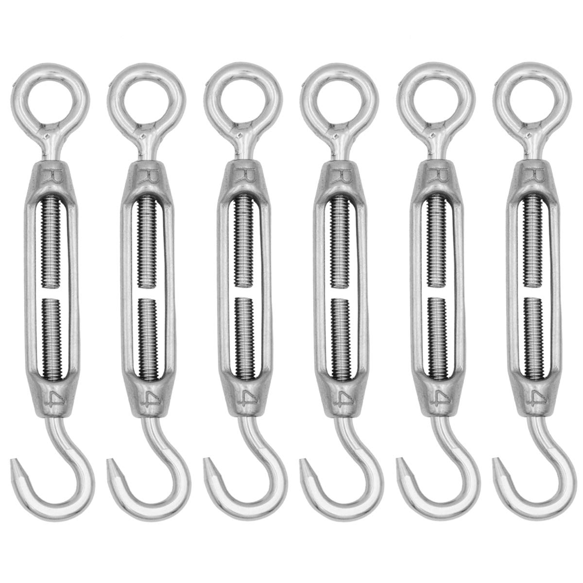 Famgee M4 304 Stainless Steel Turnbuckle Screw Hook Adjustable Wire Rope Tension Draw-in Bolt Pack of 6 (Hook & Eye)