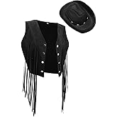 Yaomiao 70s Hippie Womens Fringe Vest Western Felt Cowgirl Hat Cowgirl Costume Rivets Sleeveless Faux Suede Tassels Jacket