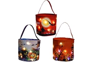 BYROTSON Halloween Candy Bags with LED Lights Trick or Treat Basket, Light up Halloween Party Bags Multipurpose Reusable Goody Bucket for Kids (Package H)
