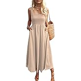 Mieazom Women's Maxi Dress Summer Sleeveless Swing Sundress Casual Loose Tank Long Dresses with Pockets Beige L