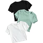 OYOANGLE Girl's 3Pcs Rib-Knit Short Sleeve Crop Top Crew Neck Lettuce Trim Crop Tee Top
