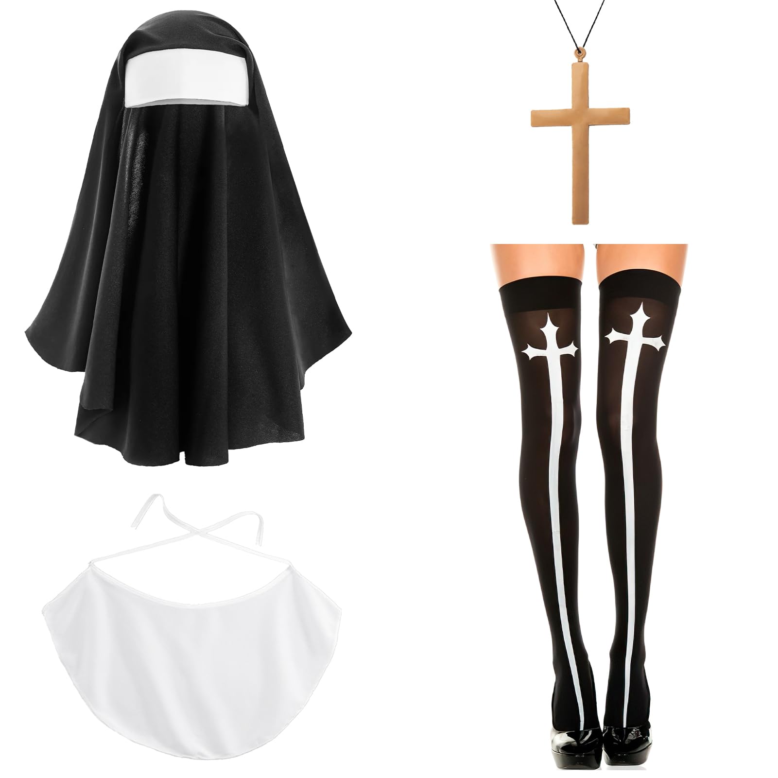 ShiBaiY Nun Costume, Black with Dress, Halloween Headdress, Saints and Sinners Fancy Dress Set with Veil, Cross Necklace and Stockings